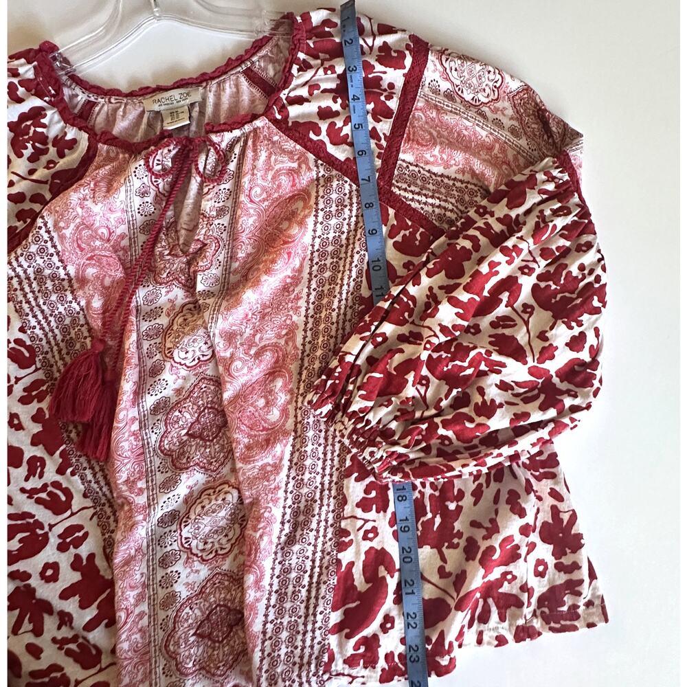 Rachel Zoe Mixed Print Peasant Top Womens XL Red Tassels Boho Balloon Sleeves - Picture 8 of 9